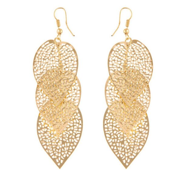 Jewelry - Nwt Womens 3 Tiered Large Gold Tone Leafs Earrings